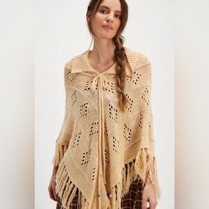 Free People Understated Leather Tan Eyelet Knit Crochet Fringe Poncho Sweater
